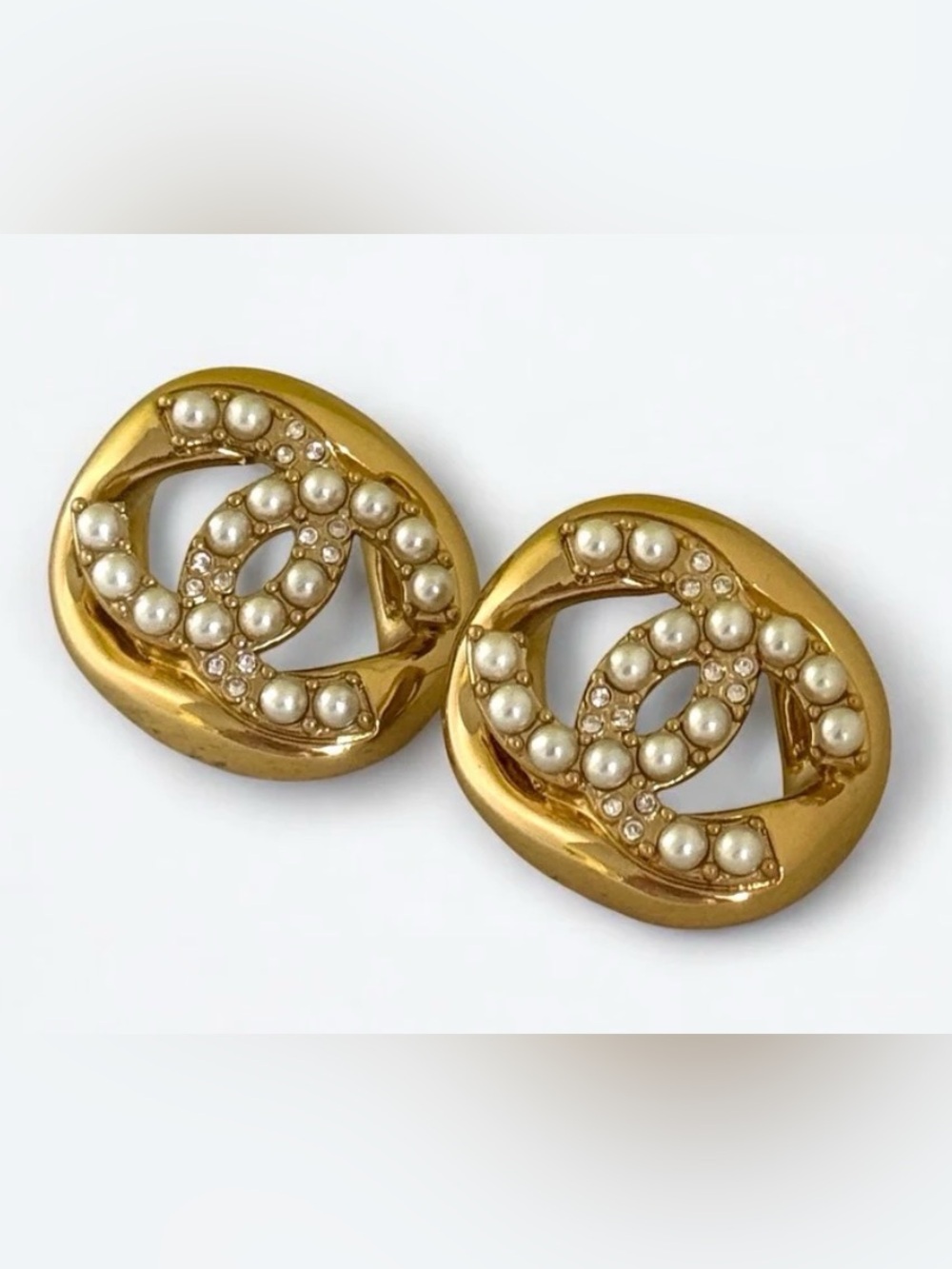 CHANEL Gold and Pearl Logo Earrings